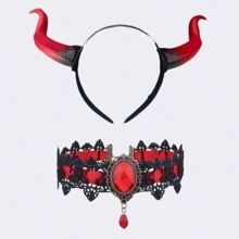 2-Piece Devil Costume Accessory Set, Red-Black Gradient Devil Horn Headband + Gothic Lace Choker With Red Gemstone, Adult Dark Fantasy Role Play Outfit, Suitable For Halloween, Gothic Party And Themed Events - Multicolor - View 11