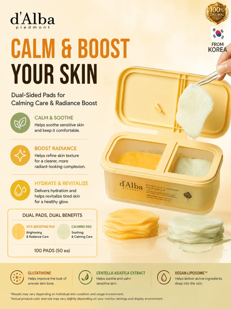 d'Alba Double Quick Liposome Calming Pad And Boosting Half Pad 100pcs - Korean Toner Pad Skincare, K-Beauty Soothing Facial Pad Care - 100pcs - 查看 1