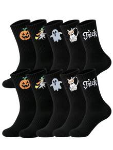 1/5/10 Pairs Men's Halloween Themed Crew Socks, Ghost Pumpkin Witch Black Cat Pattern Ribbed Casual Mid-Calf Socks, Fun Holiday Party Socks Suitable For Daily Wear - Multicolor - View 22