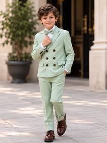 Boys' Suit Set New Style Page Boy Wedding Outfit Performance Costume British Style 3 Pieces Set Suit Jacket + Long Pants + Bow Tie - Green - View 2