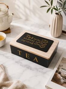 1pc Wooden Tea Box, Tea Bag Compartment Storage Box, Coffee Bag Multi-Functional Container, Flip Lid Desktop Tea Bag And Tea Leaf Storage Box, 6-Compartment Coffee Snack Tea Bag Organizer, Candy Storage Container, Creative Home Decor, Black/White 2 Colors, Cute And Elegant - Multicolor - View 2