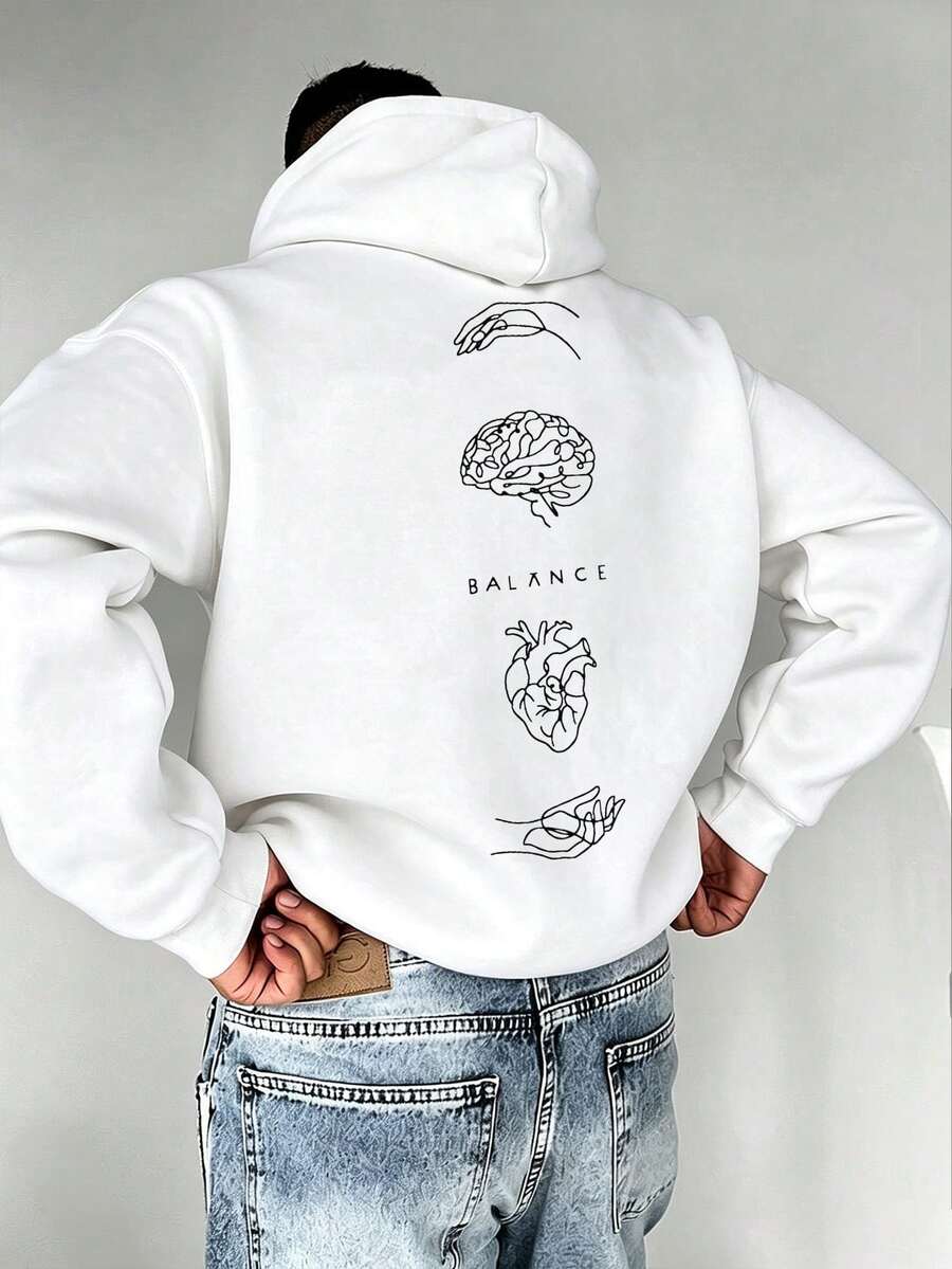 男士秋冬大腦與心臟極簡線條藝術印花抽繩連帽衛衣 - 白色 - 查看 1