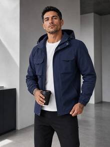 1 buah Jaket Pria, Biru Tua, Banyak Saku, Berkerudung, Tahan Angin, Desain Tali Serut yang Dapat Diatur, Kain Tenun Tahan Lama, Tahan Kerut, Gaya Kasual Bisnis, Cocok untuk Perjalanan, Aktivitas Luar Ruangan, dan Pakaian Santai - Navy Blue - View 1