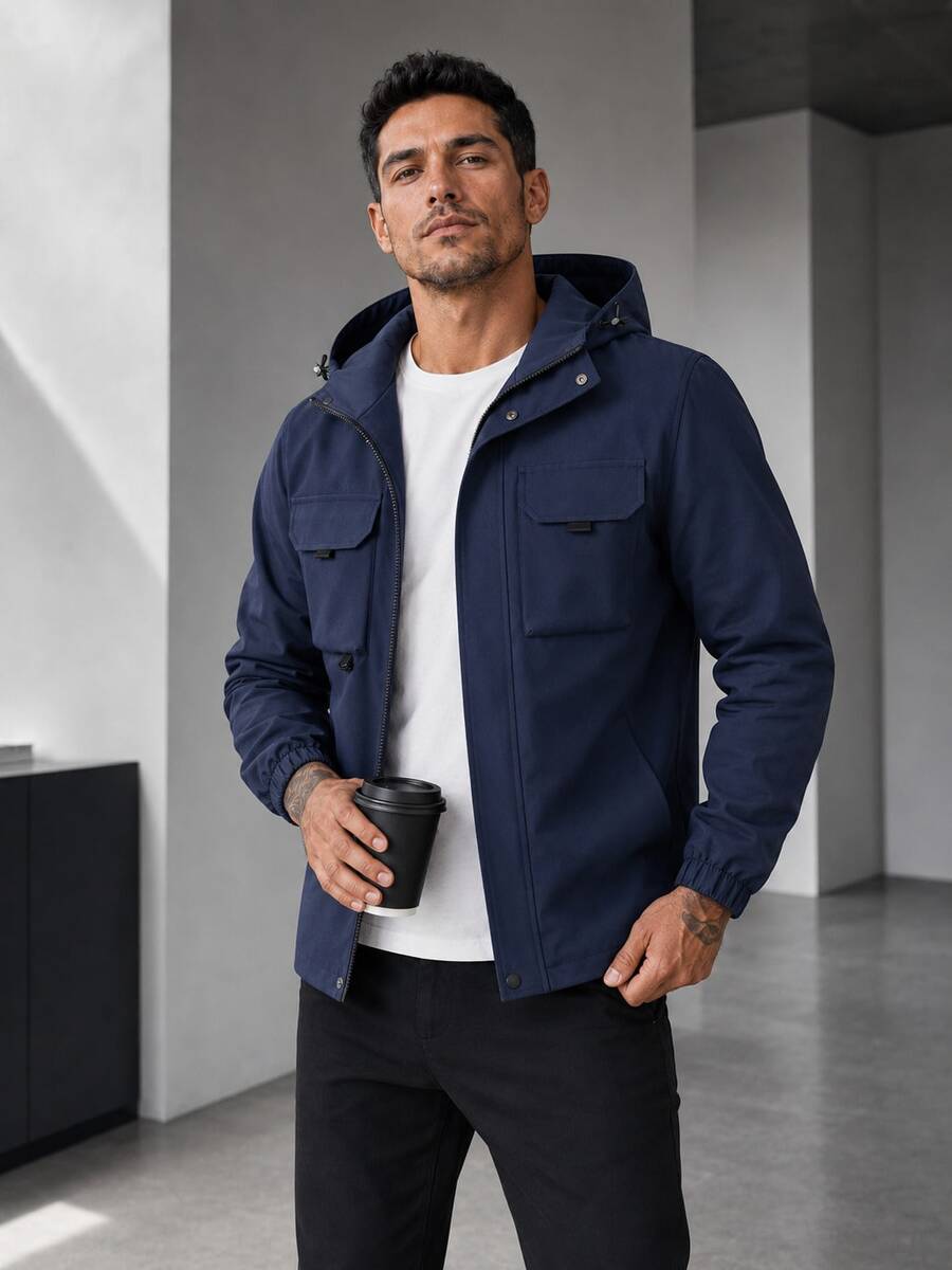 1 buah Jaket Pria, Biru Tua, Banyak Saku, Berkerudung, Tahan Angin, Desain Tali Serut yang Dapat Diatur, Kain Tenun Tahan Lama, Tahan Kerut, Gaya Kasual Bisnis, Cocok untuk Perjalanan, Aktivitas Luar Ruangan, dan Pakaian Santai - Navy Blue - View 1