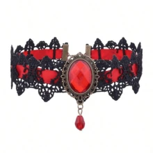 2-Piece Devil Costume Accessory Set, Red-Black Gradient Devil Horn Headband + Gothic Lace Choker With Red Gemstone, Adult Dark Fantasy Role Play Outfit, Suitable For Halloween, Gothic Party And Themed Events - Multicolor - View 8