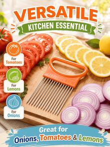 SMEG is gems Vegetable Slicing Holder & Meat Tenderizer Tool, Stainless Steel Fork Tines Onion Slicing Aid With Curved Handle, Handheld Food Fixing Tool For Onion, Tomato, Lemon Cutting & Meat Marinating, Compact Kitchen Gadget With Protective Cover, Dishwasher - View 6