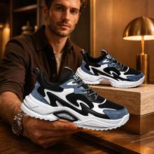 Men's Colorblock Thick Sole Chunky Sneakers Black Blue White Multi-Material Patchwork Low-Top Lace-Up Sneakers Layered Design Casual Style Suitable For Daily Shopping Commuting Travel Light Outdoor Wear Multi-Size Available All-Season Versatile Men's Casual Thick Sole Sneakers - Black Blue White - View 4