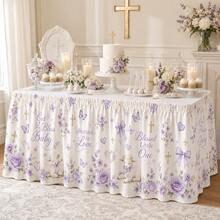 Taplak Meja Baptisan Bayi, Taplak Meja Poliester Motif Bunga Putih dan Ungu dengan Pola Salib, Domba, Kupu-kupu, Mawar, dan Pita, Dekorasi Pesta Baptisan Bayi Berkah Tuhan - A - View 3