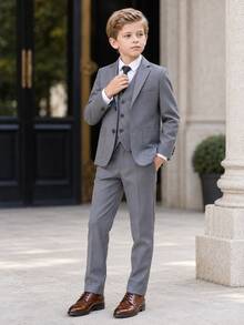 New Boys' Suit Set, Flower Boy Wedding Outfit, Performance Costume, British Style Boys' Performance Suit 3 Pieces Set, Suit Jacket And Pants - Grey - View 1