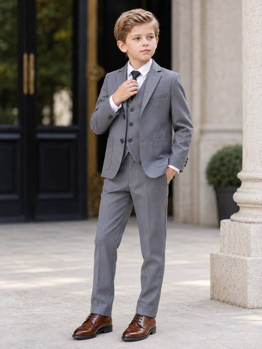New Boys' Suit Set, Flower Boy Wedding Outfit, Performance Costume, British Style Boys' Performance Suit 3 Pieces Set, Suit Jacket And Pants - Grey - View 1