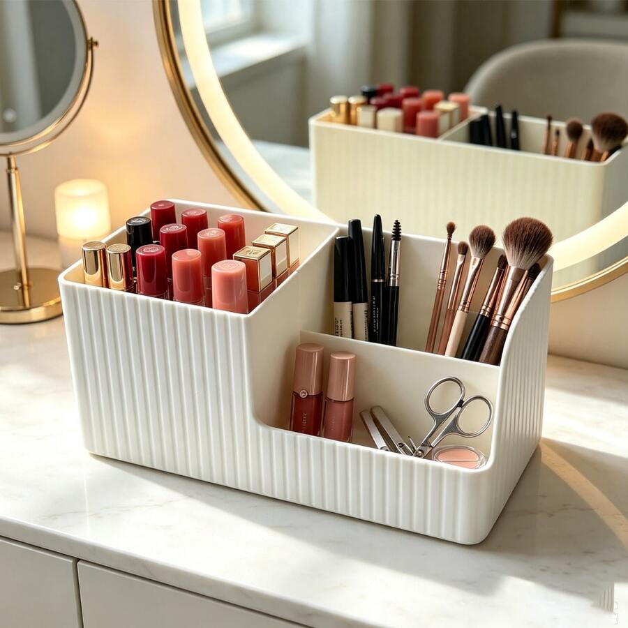 Cream White Vertical Stripe Multi-Compartment Cosmetic Storage Box, INS Style Desktop Makeup Organizer, Vanity Lipstick Makeup Brush Eyebrow Pencil Makeup Storage Basket, Plastic Divided Design, Large Capacity Can Store Various Makeup Small Items, Suitable For Bedroom Vanity, Bathroom Countertop, Simple Space-Saving, Practical Home Makeup Storage Organizer For Women - View 1