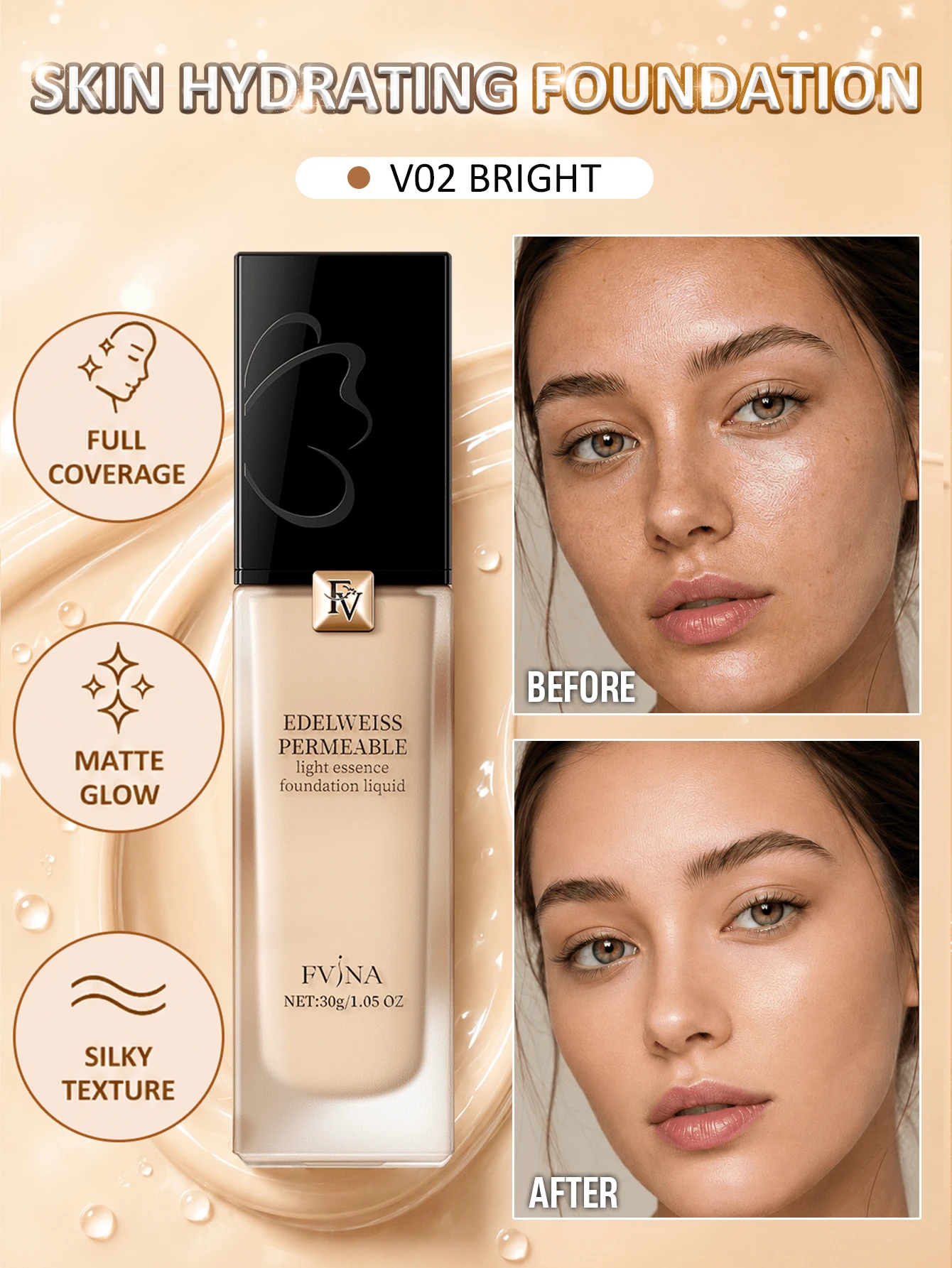 FV Full Coverage Foundation - Foundation Matte Tahan Lama dan Bernapas, Pengaplikasian Cepat, Menciptakan Tampilan Alami Seperti Tanpa Makeup, Cocok untuk Riasan Kecantikan Wanita dan Anak Perempuan