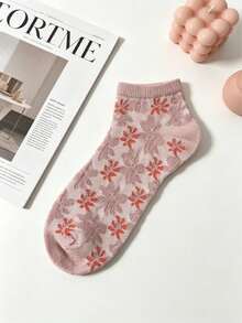 5 Pairs Floral Print Ruffle Mid-Calf Socks Black & White Mixed Pattern Women's Socks Set - B - View 7