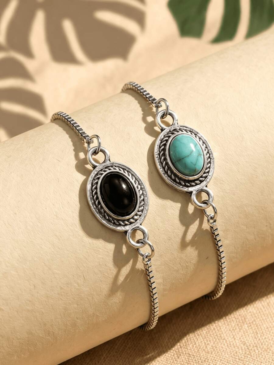 1pc Minimalist Vintage Adjustable Turquoise Bracelet - Multicolor - View 1