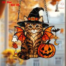Wizard Hat Bat Wings Tabby Cat Acrylic Hanging Ornament, Sun Catcher Pumpkin Halloween Door & Window Hanging Decoration (2D Flat, Not 3D) - A - View 6