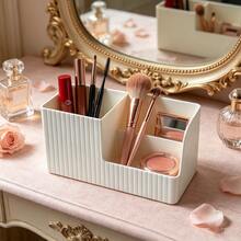 Cream White Vertical Stripe Multi-Compartment Cosmetic Storage Box, INS Style Desktop Makeup Organizer, Vanity Lipstick Makeup Brush Eyebrow Pencil Makeup Storage Basket, Plastic Divided Design, Large Capacity Can Store Various Makeup Small Items, Suitable For Bedroom Vanity, Bathroom Countertop, Simple Space-Saving, Practical Home Makeup Storage Organizer For Women - View 2