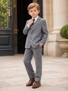 New Boys' Suit Set, Flower Boy Wedding Outfit, Performance Costume, British Style Boys' Performance Suit 3 Pieces Set, Suit Jacket And Pants - Grey - View 3
