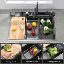 LY Lava-platos de cocina: un lava-platos de estilo moderno con salida de agua tipo cascada, que incluye un grifo mezclador tres en uno, un grifo con filtro, una pantalla LED, un dispensador de jabón líquido, una conexión para lavavajillas y un panel de control tipo piano.(75 cm x 45 cm x 21 cm) - Gris arma - Ver 2