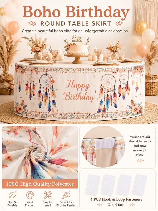 1pc Boho Dreamcatcher Birthday Round Table Skirt, Floral, Feather & Print, 100G Polyester Party Decor For Dessert Table, Birthday Party, Baby Shower, Wedding, Room Decor, Home Decor, Kitchen Decor & Household Items