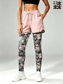 mulinsen Women's Double Layer Sports Leggings, Camouflage Print Drawstring Waist Quick Dry Shorts, Jogging Fitness Daily Workout Wear - Pink - View 4