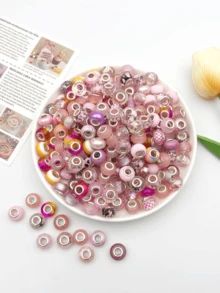 50pcs Pink Tone Large Hole Beads, Multiple Pink Series Beads, Rhinestone Beads, Solid Color Beads And Complex Pattern Beads, Beginner DIY Bracelet Necklace Phone Chain Making Materials - Multicolor - View 5