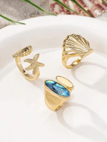 3PCS Ocean Style Shell & Starfish Rings, Vintage Abalone Shell Stackable Rings, Beach Vacation Vibe Metal Ring Set For Women (Random Abalone Shell Texture) - Gold - View 2