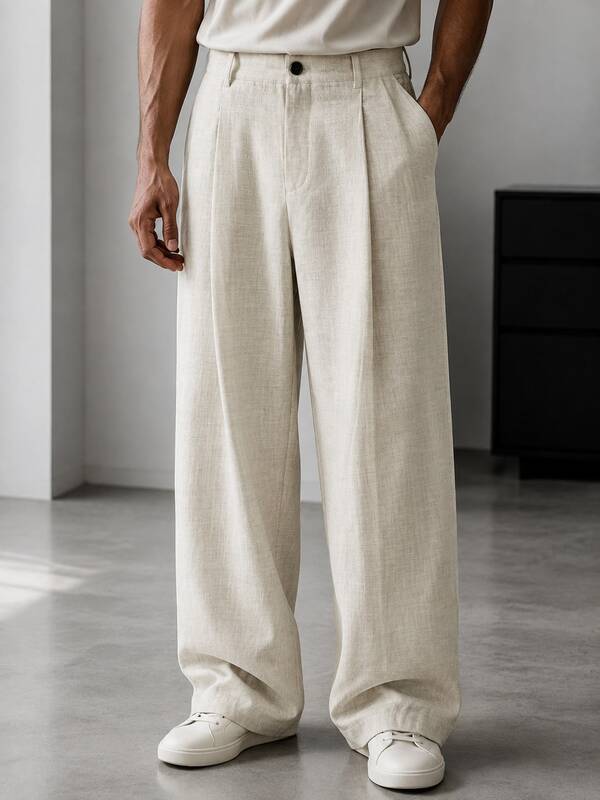 Blueprint Man 1pc Men's Long Pants, Apricot Linen Trousers With Drape, Loose Comfortable Breathable, Premium Practical Casual, Suitable For Commuting And Light Business