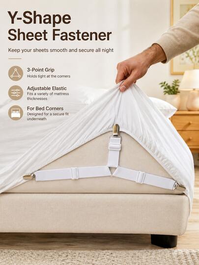 Practical Household Nylon Triangle Bedsheet Fastener, Nickel Anti-Rust Clips, Adjustable Elastic Buckle, 3-Way Cross Fix, Stop Sheet Slide & Wrinkle, Firm Hold Sheets, Multi-Use Holder For Mattress, RV Bed, Sofa Cover, Ironing Board All Seasons