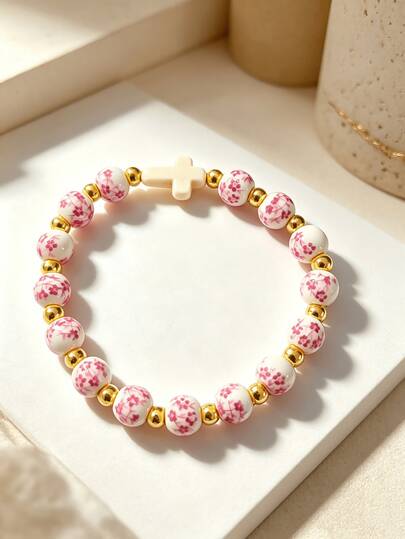 1pc Chinese Style Vintage Elegant Pink Floral Beaded Bracelet With Turquoise Cross And Blue And White Porcelain Beads