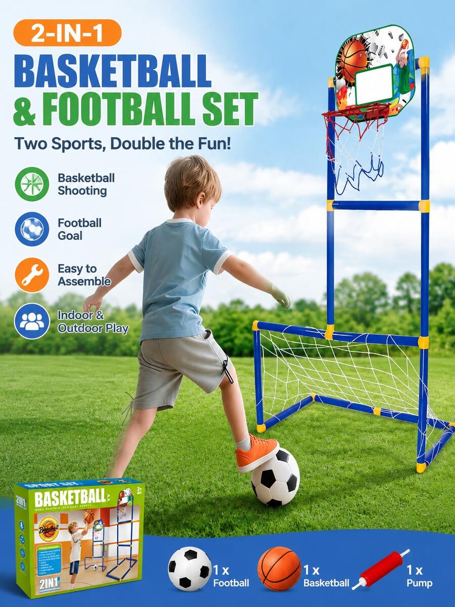 Gawang Sepak Bola & Ring Basket Anak 2-in-1, Rangka Kokoh, Tinggi Dapat Diatur, Mudah Dibawa & Dipasang, Mainan Interaktif Keluarga untuk Anak Laki-laki & Perempuan di Dalam/Luar Ruangan - MultiWarna - View 1