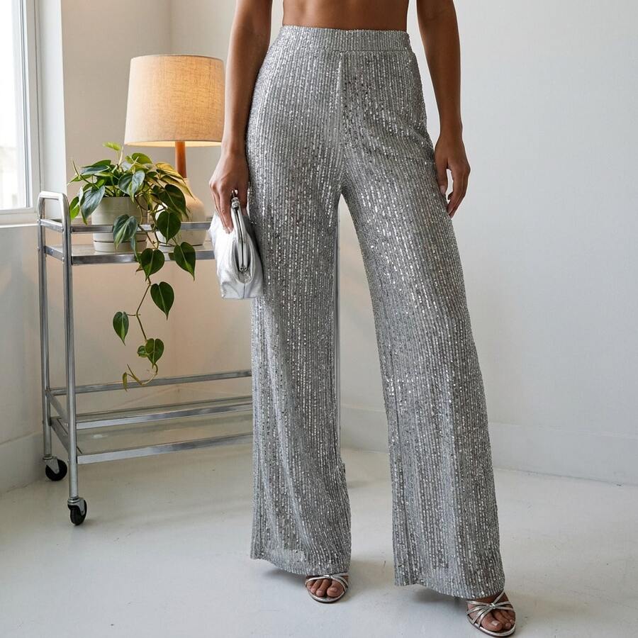 New European And American Style Women's Fashion Slim-Fit Casual Straight-Leg Pants With Colorful Sequins, Direct  On Halloween Costume Women - Grey Stock - View 1