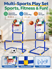 Gawang Sepak Bola & Ring Basket Anak 2-in-1, Rangka Kokoh, Tinggi Dapat Diatur, Mudah Dibawa & Dipasang, Mainan Interaktif Keluarga untuk Anak Laki-laki & Perempuan di Dalam/Luar Ruangan - MultiWarna - View 4