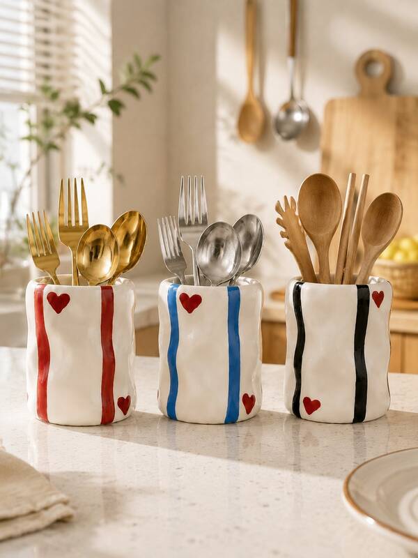 Handmade Irregular Texture Utensil Holder, Vertical Stripe & Red Heart Tableware Storage Cup, Kitchen Countertop Spoon Fork Chopstick Organizer Home Kitchen Decor Container