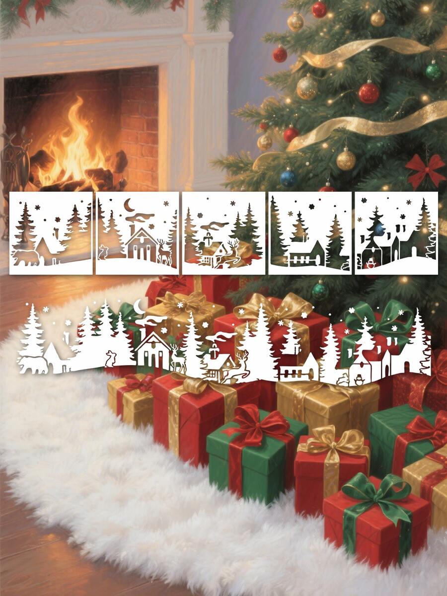 5 Winter Forest And Christmas Templates - Featuring A Snowy Village Scene (Houses, Trees, Moon) - Suitable For Decorating Walls, Canvas, Paper, Glass, And Windows. - Sets - View 1