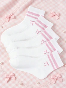 5雙甜美蝴蝶結印花條紋兒童中筒襪，柔軟透氣女童中筒襪，休閒甜美公主風日常短襪 - 彩色 - 查看 1