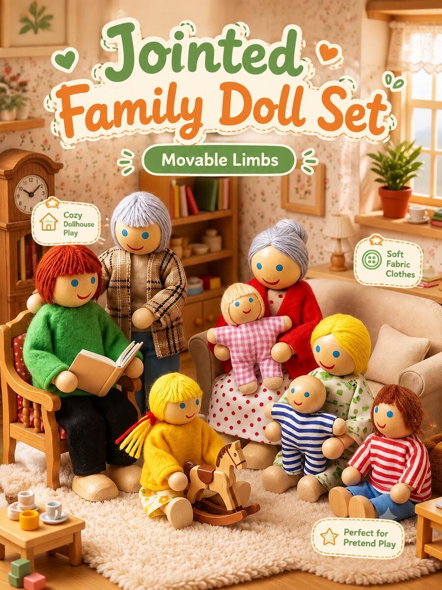 8pcs Set Posable Wooden Dollhouse Figures, Mini Family Dolls With Flexible Limbs, Suitable For Role Play DIY Scenes, Home Decor Creative Gift - Multicolor - View 1
