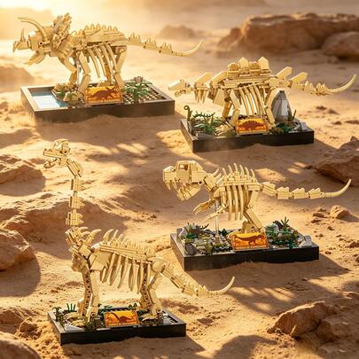 Kit de construcción de ladrillos de esqueleto de fósil de dinosaurio, modelo de ensamblaje de dinosaurio Tyrannosaurus & Triceratops con soporte de exhibición, juguete educativo de construcción DIY & decoración de habitación