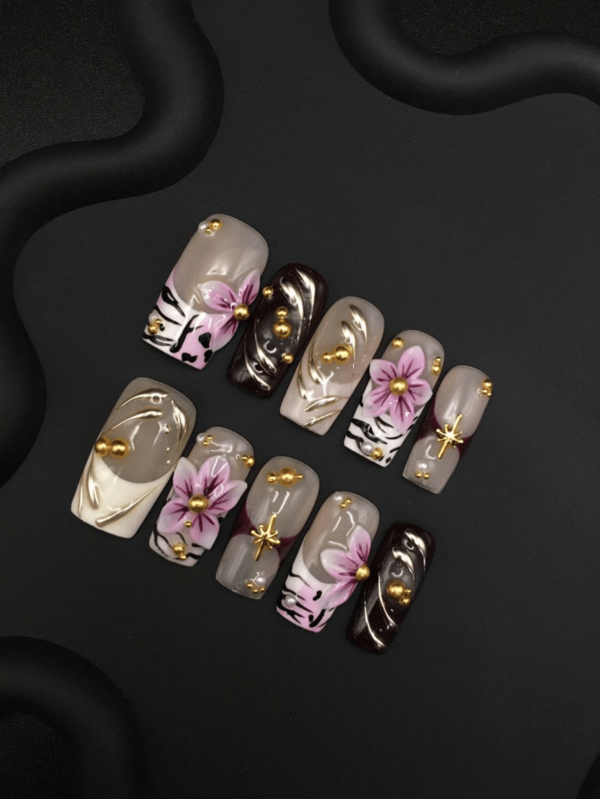 Handmade Sweet Cool Y2K Press On Nails, Black Pink Zebra Print Match Sheer Nude Base Stereo Pink Flower Gilded Line Star Decor, Medium Square Stylish Vibe False Nails