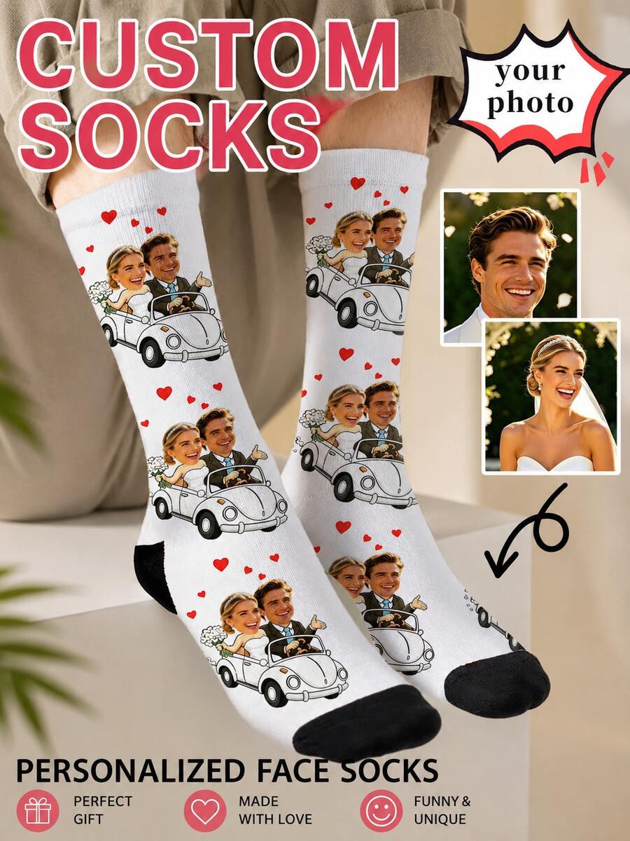 1 Pair Customized Face Photo Printed Socks, Wedding Socks, Personalized Fun Socks, Can Print Any Face, Best Gift, Customized Gift For Friends - Multicolor - View 1