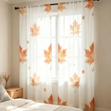 2pcs Maple Leaf Printed Home Decoration Curtains,Rod Pocket, Simple Artistic Style Elegant Window Curtains, Suitable For Kitchen, Coffee Shop, Restaurant, Balcony, Garden, Bedroom, Thanksgiving, Autumn Decoration - Multicolor - View 2