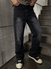 Y2K American Street Style Side Rivet Denim Jeans, Washed Distressed Frayed Hem Long Pants For Men - Black - View 4