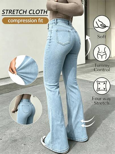 Pantalones vaqueros ajustados acampanados para mujer (con bolsillos), pantalones vaqueros de mujer de color liso con efecto desgastado, pantalones vaqueros ajustados lavados para mujer