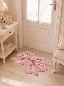 1pc Sweet Pink Floral Bow Shaped Rug, Soft Long Pile Asymmetrical Decorative Mat, Suitable For Bedroom, Bathroom, Vanity, Entryway And Girls Room, Romantic Country Style Home Decor, Multiple Sizes, Bathroom Decor, Autumn Home Decor - Pink - View 3