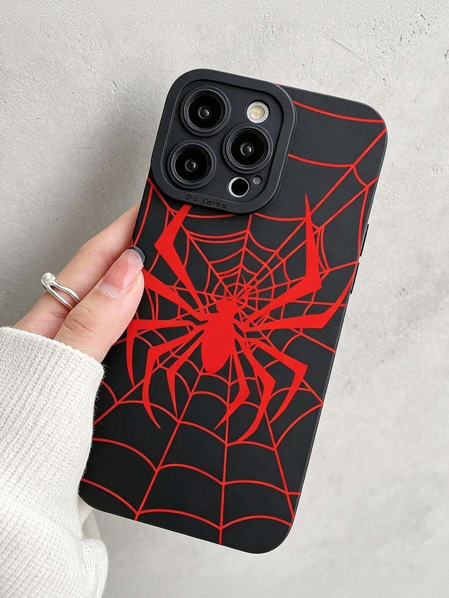 Cool Black Matte Phone Case, Red Spider & Spider Web Print Soft TPU Protective Shell, With Raised Camera Buffer Ring, Anti-Fingerprint & Anti-Scratch, Fashionable & Cool, Unique Gift For Men & Boys, Compatible With IPhone 17 Pro Max/17 Pro/17/16 Pro Max/16/15 Pro Max/15/14/13/12/11 Series - Black - View 1