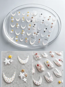 1 Sheet All‑Season Sweet Cute Style Polka Dot Moon Star Nail Stickers, 3D Self‑Adhesive Nail Art Decals For DIY Manicure & Press‑On Nails Salon Decor - Multicolor - View 1