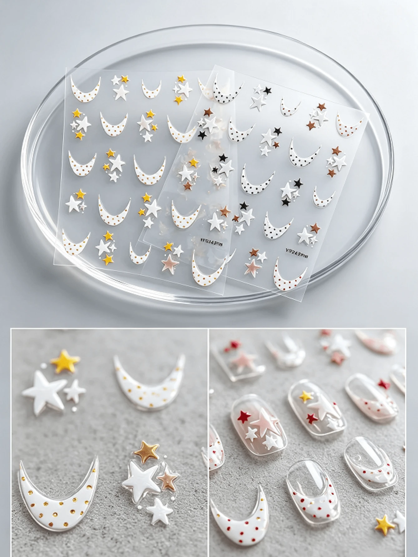 1 Sheet All‑Season Sweet Cute Style Polka Dot Moon Star Nail Stickers, 3D Self‑Adhesive Nail Art Decals For DIY Manicure & Press‑On Nails Salon Decor - Multicolor - View 1