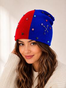 1pc Men's Fashion Rhinestone Brooch Decor Knitted Beanie, Autumn/Winter Warm Casual Wear - Multicolor - View 1