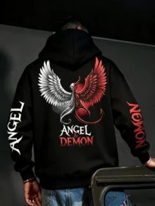 Men's Autumn/Winter High Street Double-Sided Wing Contrast Color Text Print Loose Thermal Lined Hoodie | Leading Fashion - Black - View 3