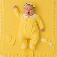 Luxury 5-Piece Yellow Baby Girl's Going-Home Outfit - Embroidered Jumpsuit With Bows, Blanket, Gloves, And Headband - Soft Knit Newborn Layette Kit - 黃色 - 查看 6