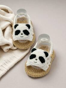 1 Pair Handmade Crochet Infant Sandals With Panda Applique, Infant Shoes, White And Khiki - White - View 5